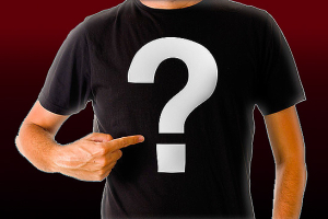 Man in black t-shirt with question mark New Here